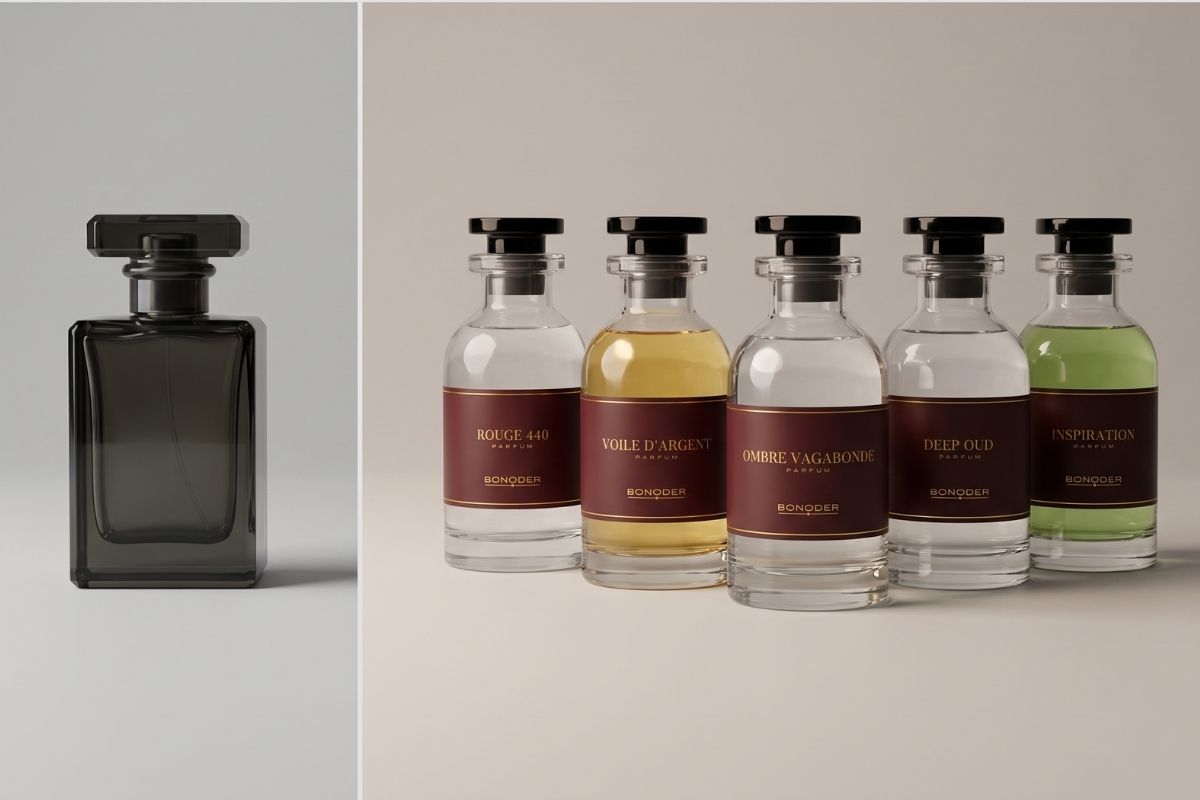 Un flacon de parfum de luxe anonyme face à cinq flacons BONODER